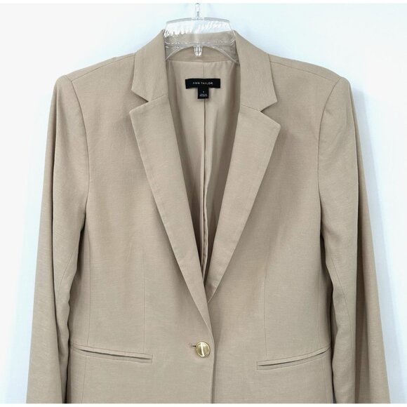 ANN TAYLOR jacket blazer linen blend one button career business pockets beige 6 - Picture 3 of 9
